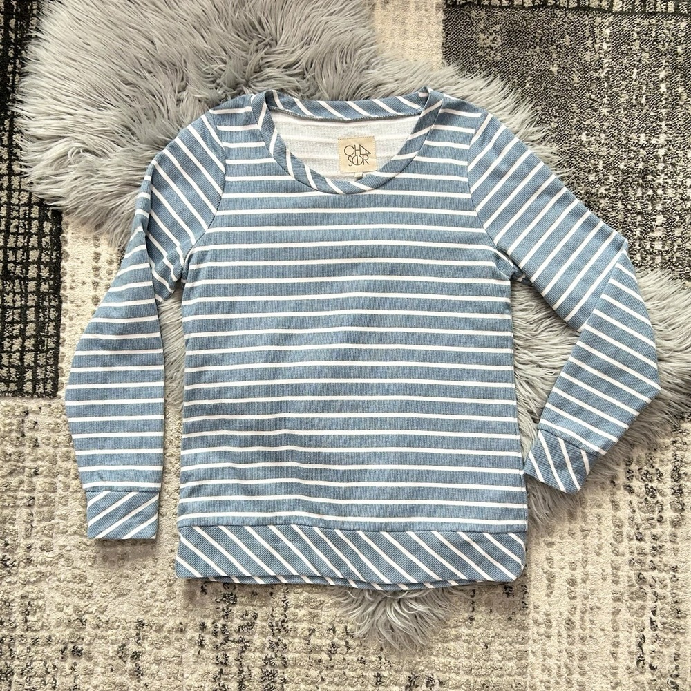 Chaser Striped French Terry Beachy Pullover sweater Blue White Stripe SZ Medium